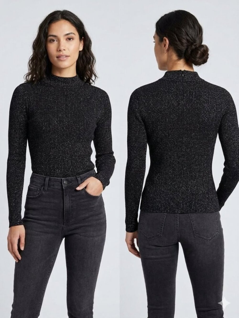 Sienna Sage Black Ribbed Sparkle Sweater Mock Neck MP